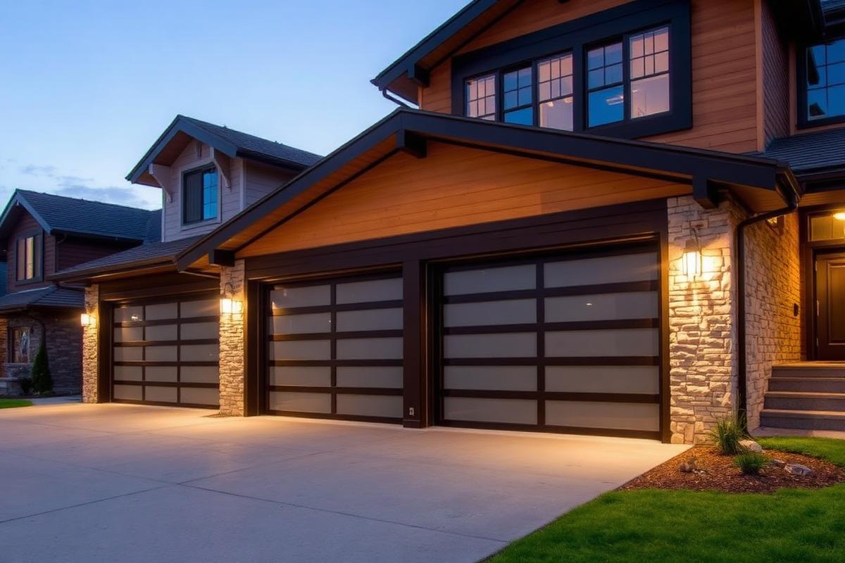 garage builder sioux falls, custom garage doors on a garage addition at dusk