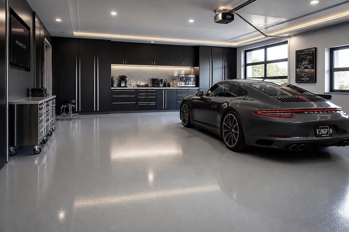 garage builder sioux falls, luxury garage interior with epoxy floor and custom cabinetry