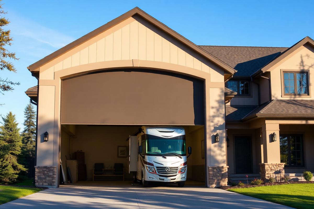 garage builder sioux falls, tall rv garage with motorhome parked inside