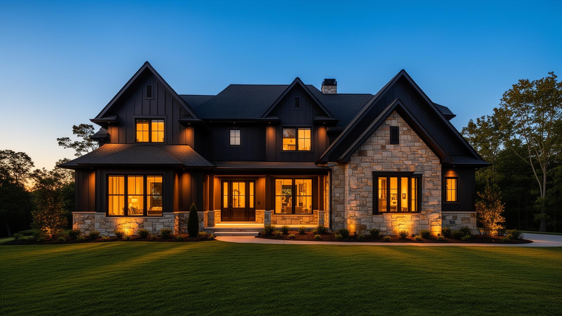 Newly completed craftsman home exterior at twilight